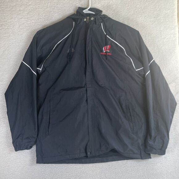 Adidas Badgers Jacket Mens Medium Black Windbreaker Removable Liner Full Zip - Picture 1 of 16